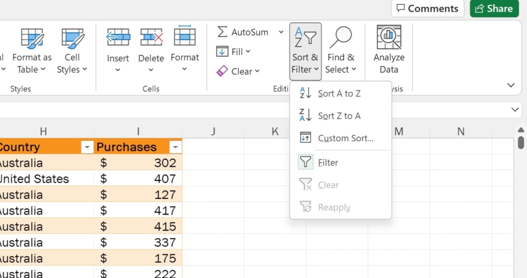 How to sort in Excel