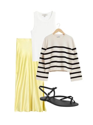 collage of white tank top, yellow satin skirt, striped sweater, and black flat sandals