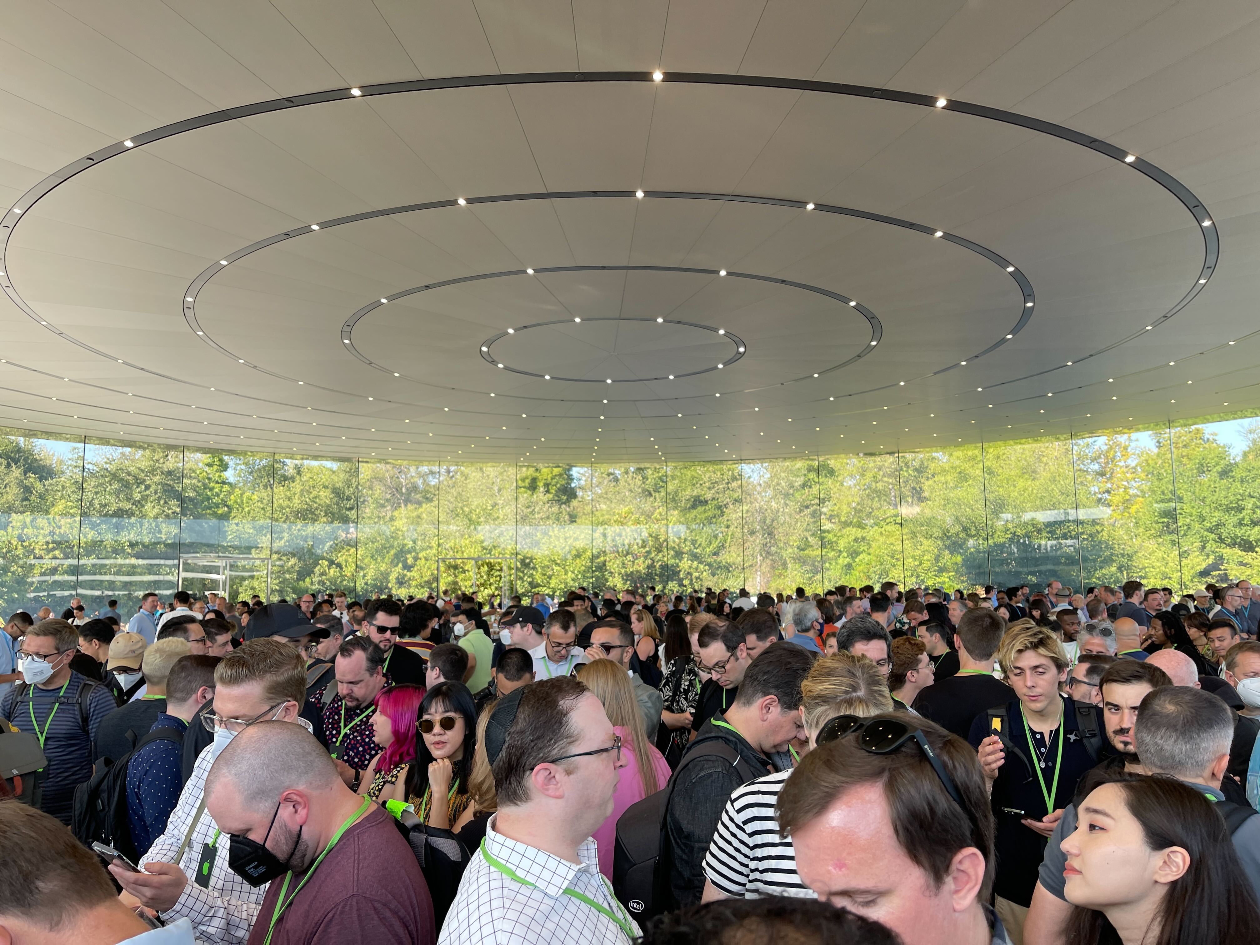 crowd in lobby of Steve Jobs Theater before September 7 Apple event