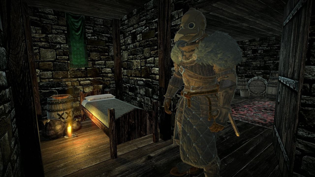 Plague doctor-themed knight wandering in a cozy cabin interior