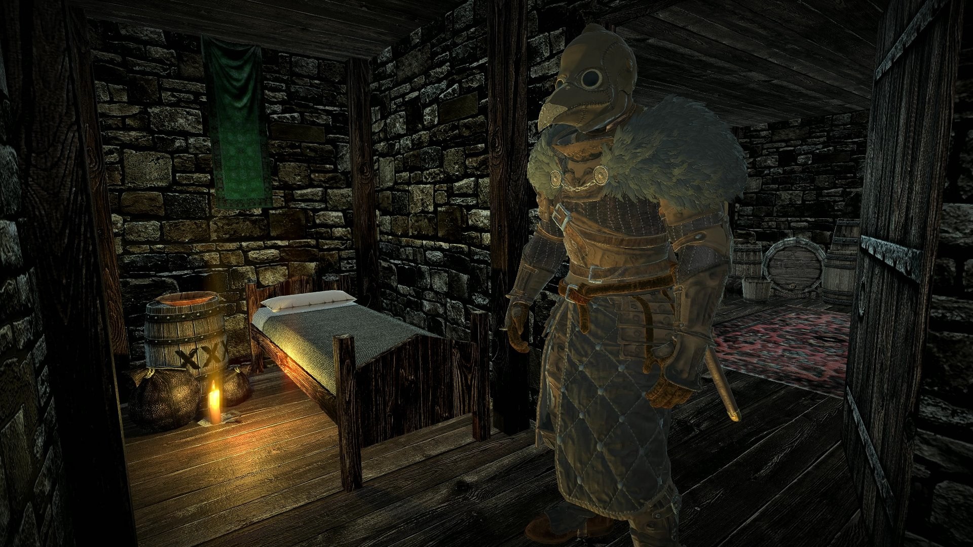 Plague doctor-themed knight wandering in a cozy cabin interior