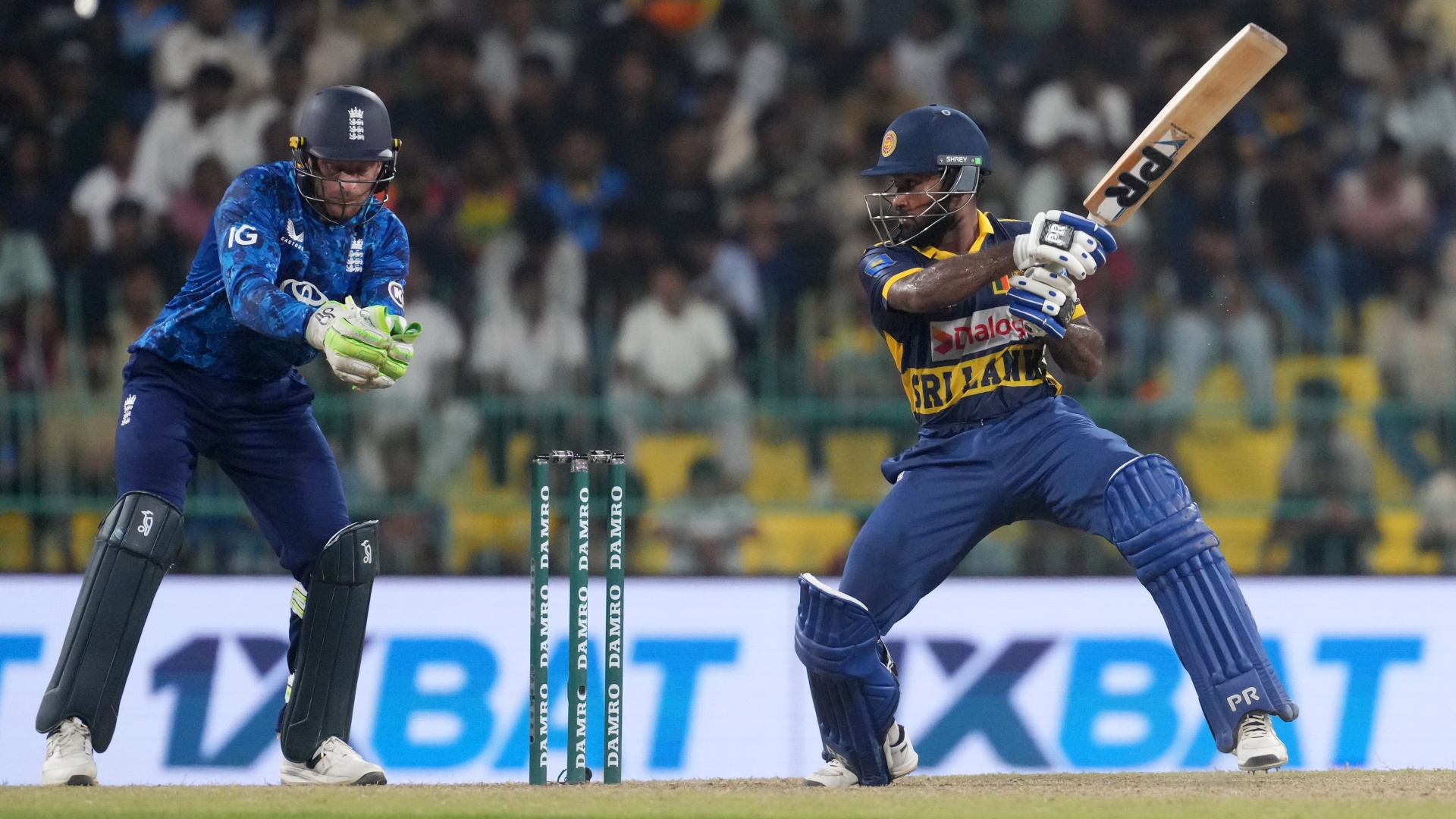 Pavan Rathnayake playing a shot during the Sri Lanka vs England series