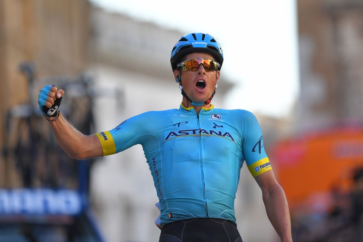 A triumphant Jakob Fuglsang crosses the line
