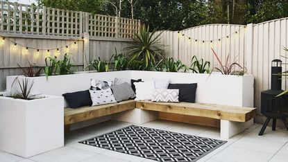 white garden seating area