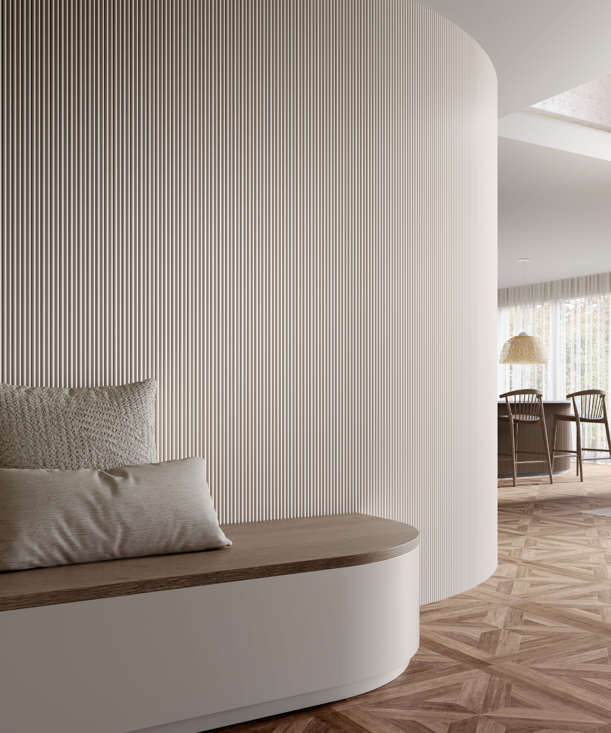 curved cream wall with ultra thin vertical panelled strips and curved seat in front of wall