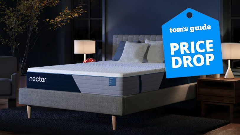 The Nectar Classic Hybrid Mattress in a dark bedroom, a Tom&#039;s Guide price drop deals graphic to the right