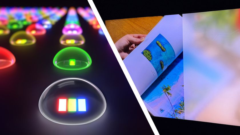 An illustration of RGB LED on the left, showing individual red, green, blue elements of an LED light; on the right, a TV showing a demonstration of the RGB backlighting and how it resembles the final image on a screen