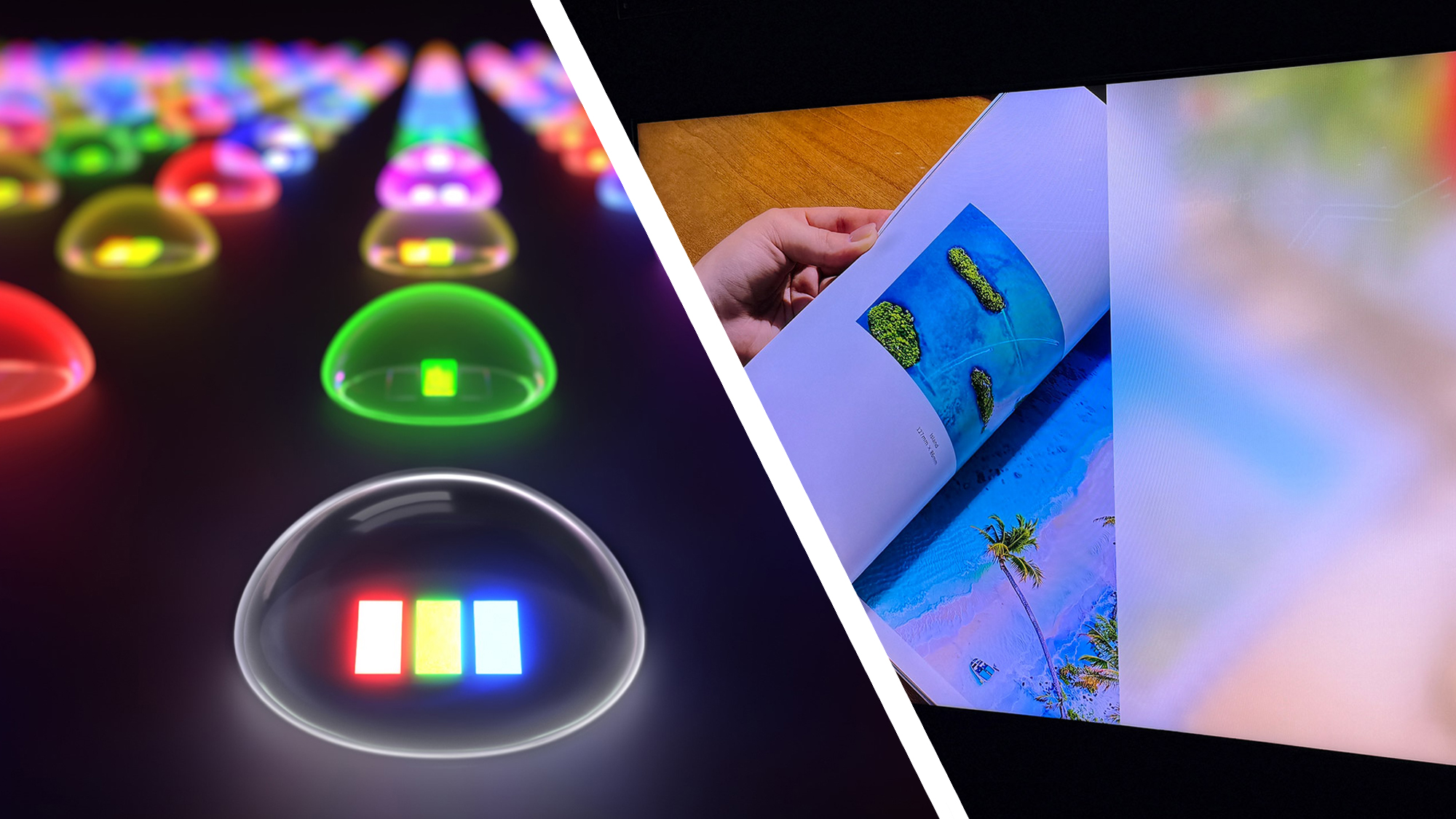 An illustration of RGB LED on the left, showing individual red, green, blue elements of an LED light; on the right, a TV showing a demonstration of the RGB backlighting and how it resembles the final image on a screen