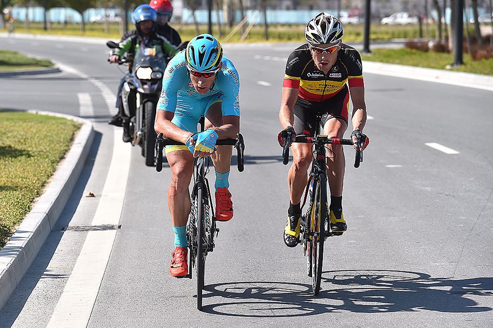 Preben Van Hecke (Topsport Vlaanderen) and Gatis Smukulis (Astana) in a breakaway during stage 2 at the Tour of Qatar