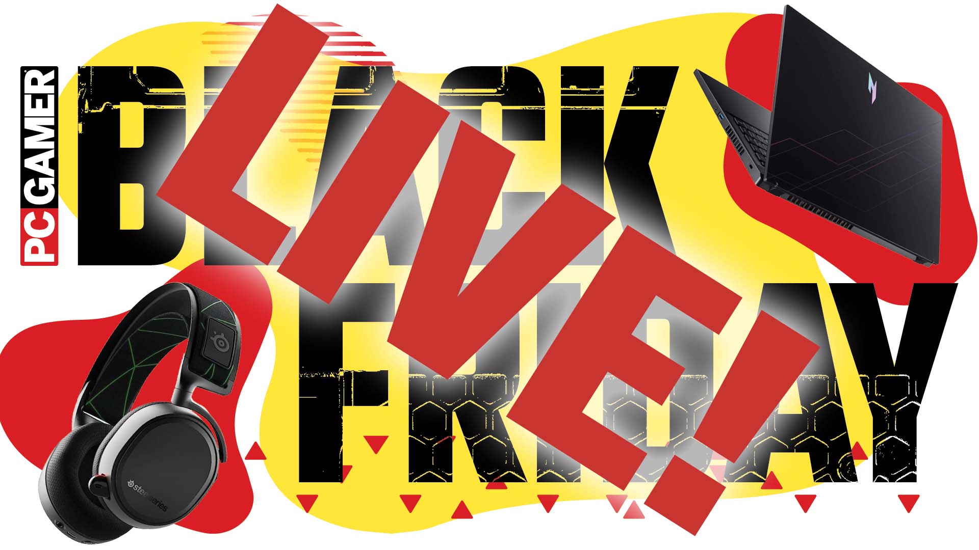 Black Friday Live imagery with a gaming headset and laptop around the PC Gamer logo and text