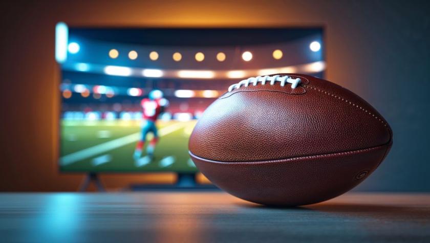 Shot of a football in front of a TV