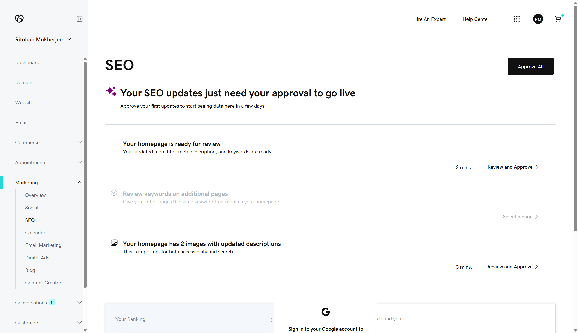 Screenshot of GoDaddy website builder&#039;s SEO tool page, it offers suggestions for improving the search engine rankings of the website.