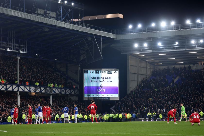 A VAR message for a possible offside is displayed on the big screen following a goal by James Tarkowski of Everton during the Premier League match between Everton FC and Liverpool FC at Goodison Park on February 12, 2025 in Liverpool, England.