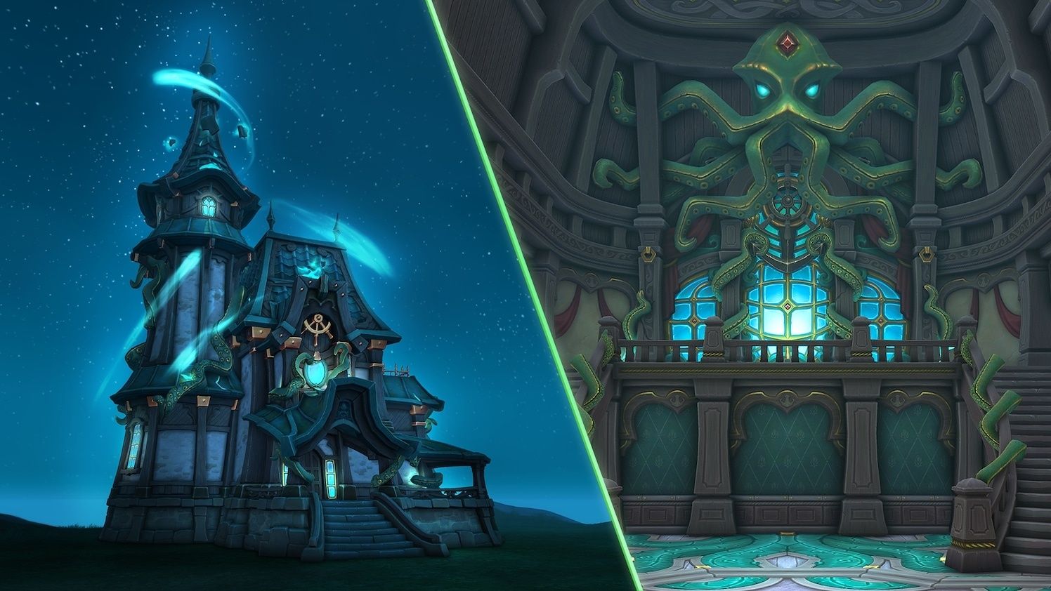 A fantasy game scene split between a moonlit blue tower and an ornate temple interior with glowing cyan windows, creating a