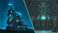A fantasy game scene split between a moonlit blue tower and an ornate temple interior with glowing cyan windows, creating a mysterious, magical mood.