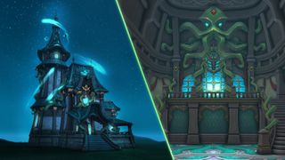 A fantasy game scene split between a moonlit blue tower and an ornate temple interior with glowing cyan windows, creating a mysterious, magical mood.