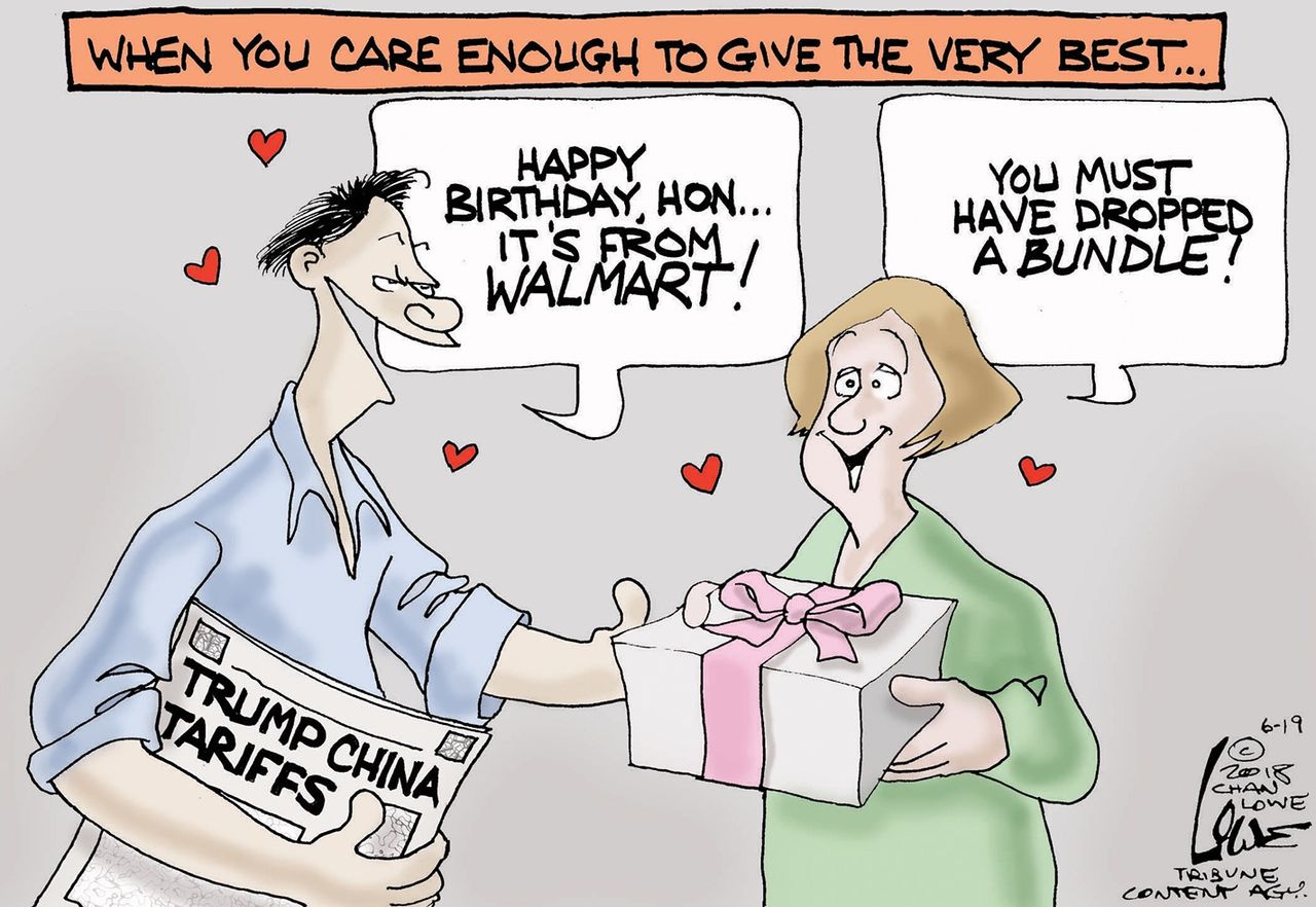 Political cartoon U.S. Trump trade tariffs walmart economy