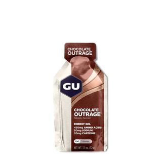 Gu Energy chocolate outrage gel studio shot on a white background