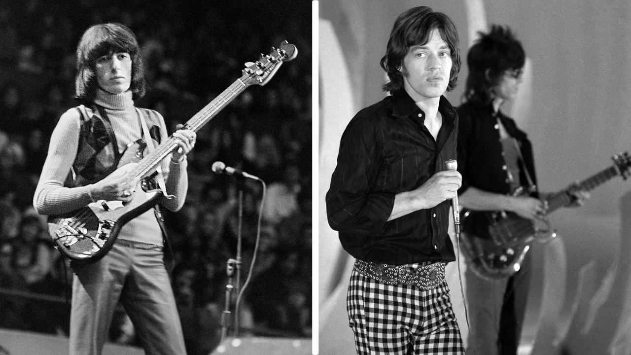 The Rolling Stones perform at the Boston Garden. Bill Wyman on bass. Mick Jagger of The Rolling Stones.