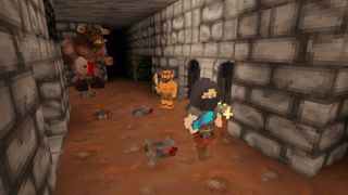 An adventurer is chased through a dungeon by a Minotaur while a man wearing a loincloth watches on, seemingly oblivious to the approaching threat.