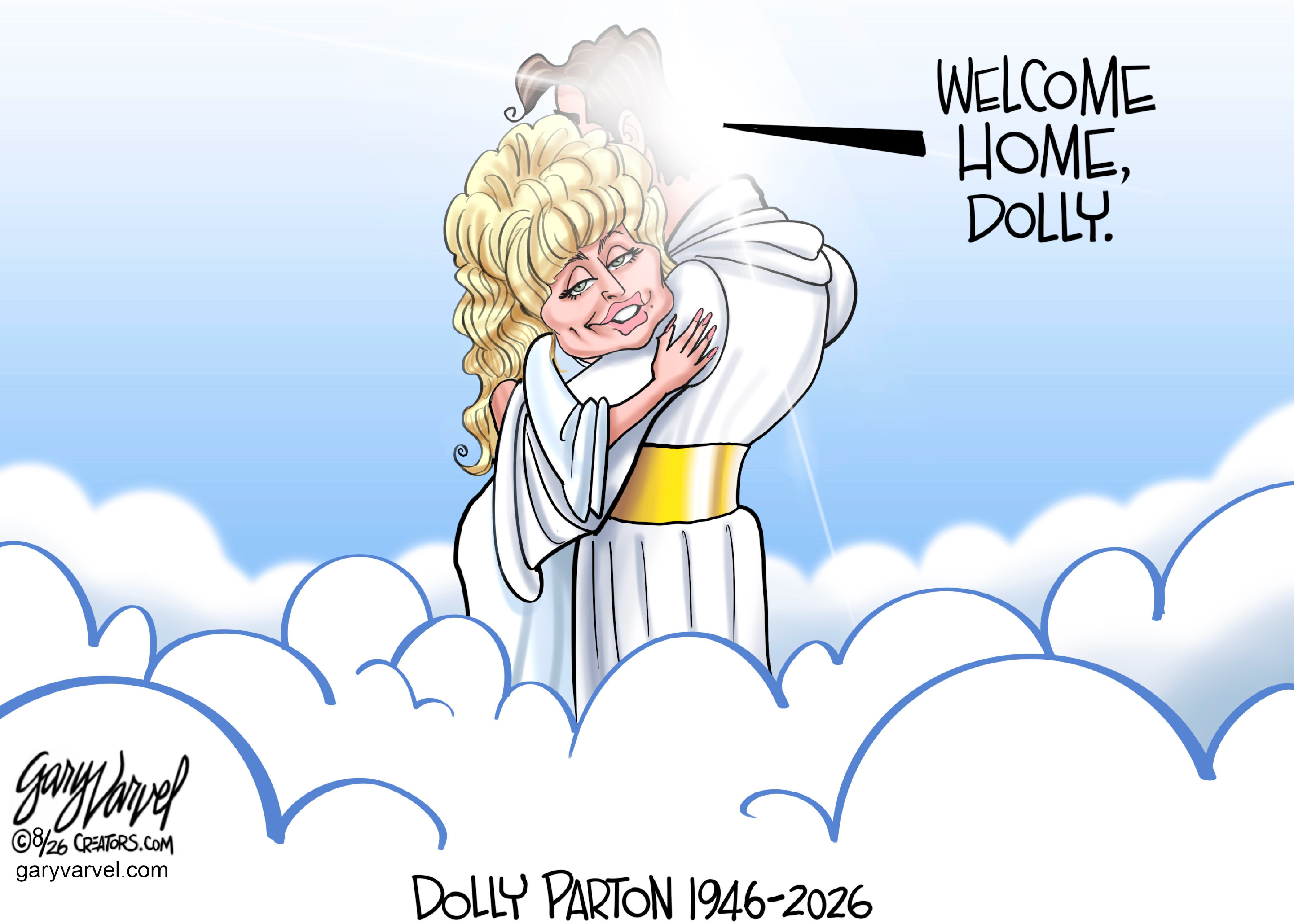 Dolly Parton is depicted as an angel hugging a figure seen from the side that is Elvis Presley. He says, "Welcome home, Dolly."