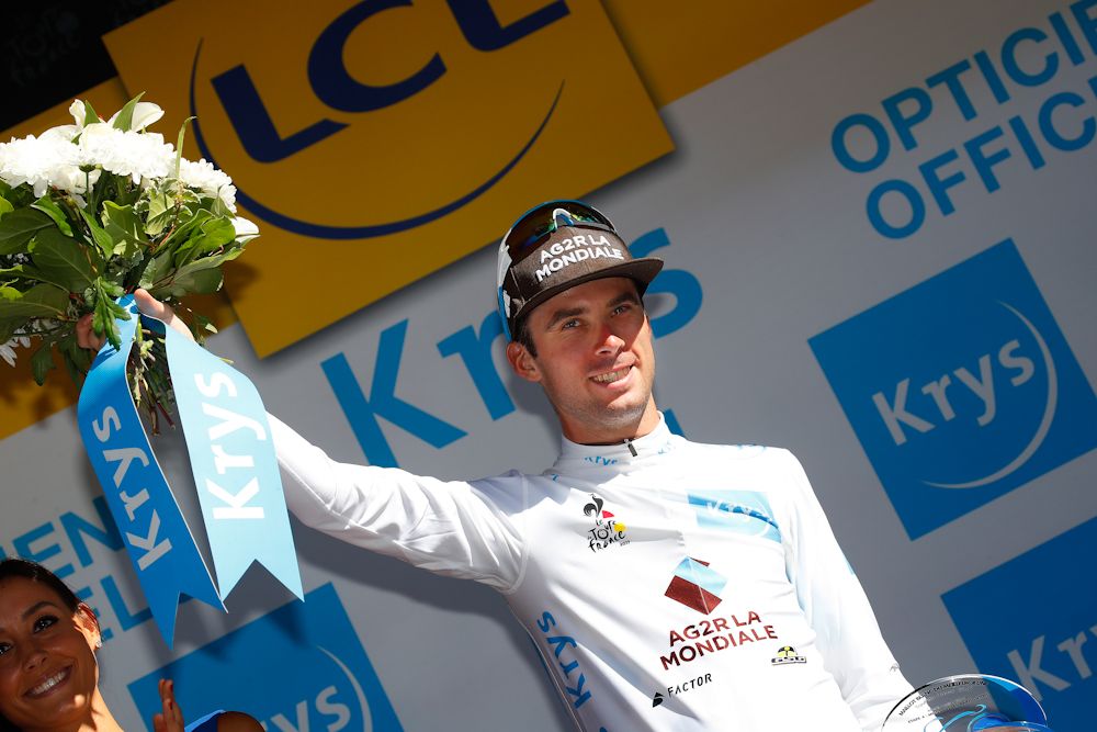Pierre Latour in the white jersey at the Tour de France