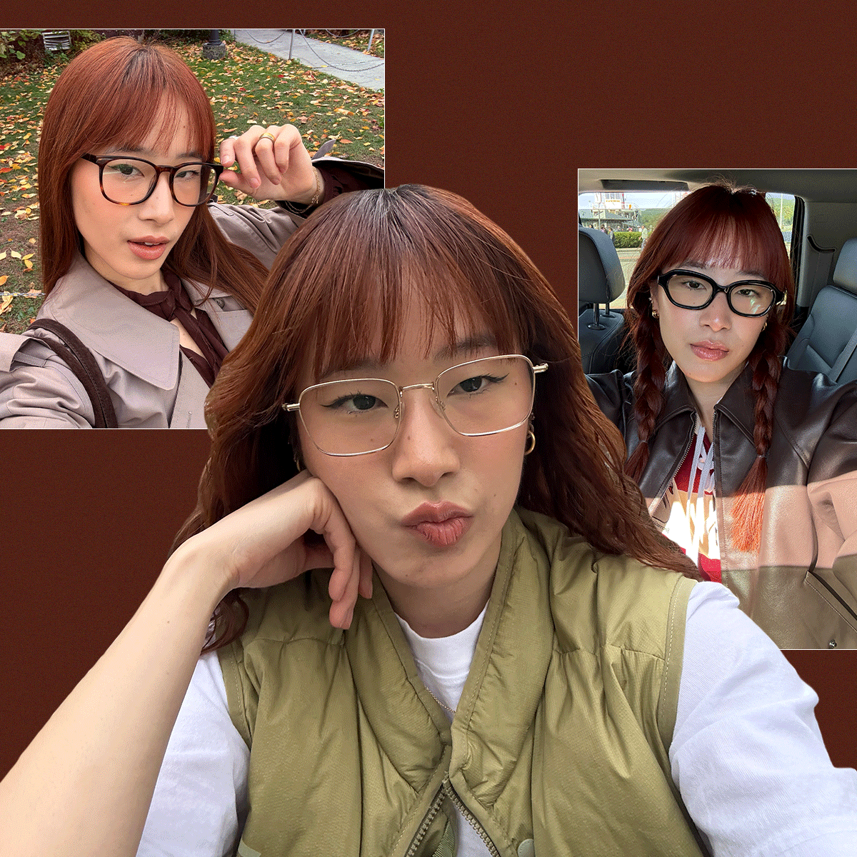 A collage showing different glasses styling ideas on Who What Wear Editor in Residence Kristina Ang. 