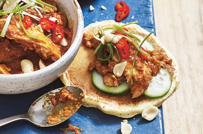Cornmeal pancakes with spicy peanut curry