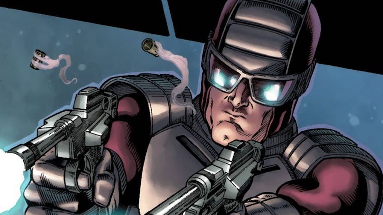 Marvel Comics artwork of the mercenary Paladin firing his guns