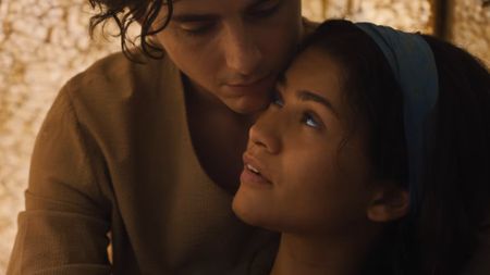 Timoth&eacute;e Chalamet as Paul Atreides and Zendaya as Chani during a scene in the Dune: Part 3 trailer. 