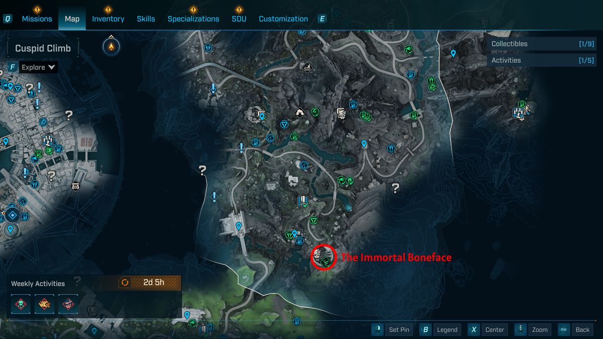 Borderlands 4 UVHM unlocks: A map with a red circle showing the location of the Immortal Boneface boss in Terminus Range.