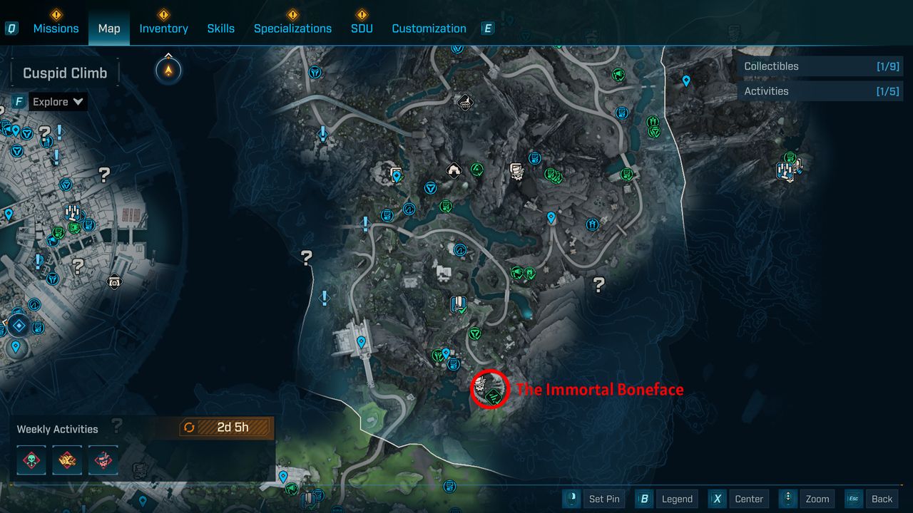 Borderlands 4 UVHM unlocks: A map with a red circle showing the location of the Immortal Boneface boss in Terminus Range.