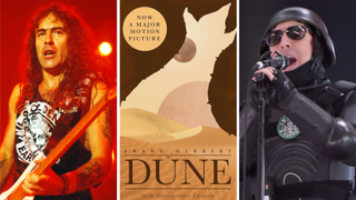 Photos of Iron Maiden and Tool performing live, plus the front cover of Frank Herbert’s Dune