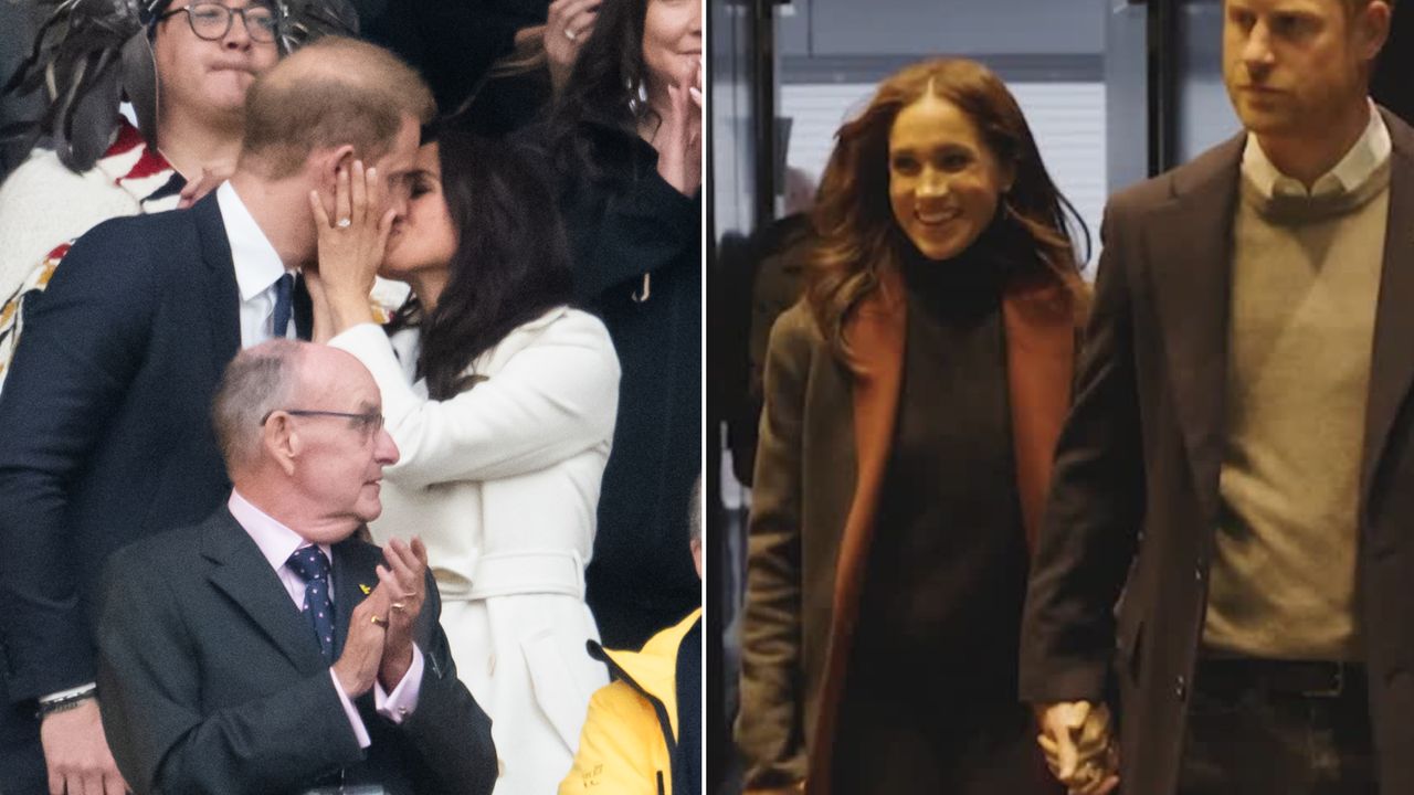 Meghan Markle wears a cream alpaca coat and kisses Prince Harry at an Invictus Games event, and Meghan wears a Givenchy coat she previously wore during Australia royal tour 2018