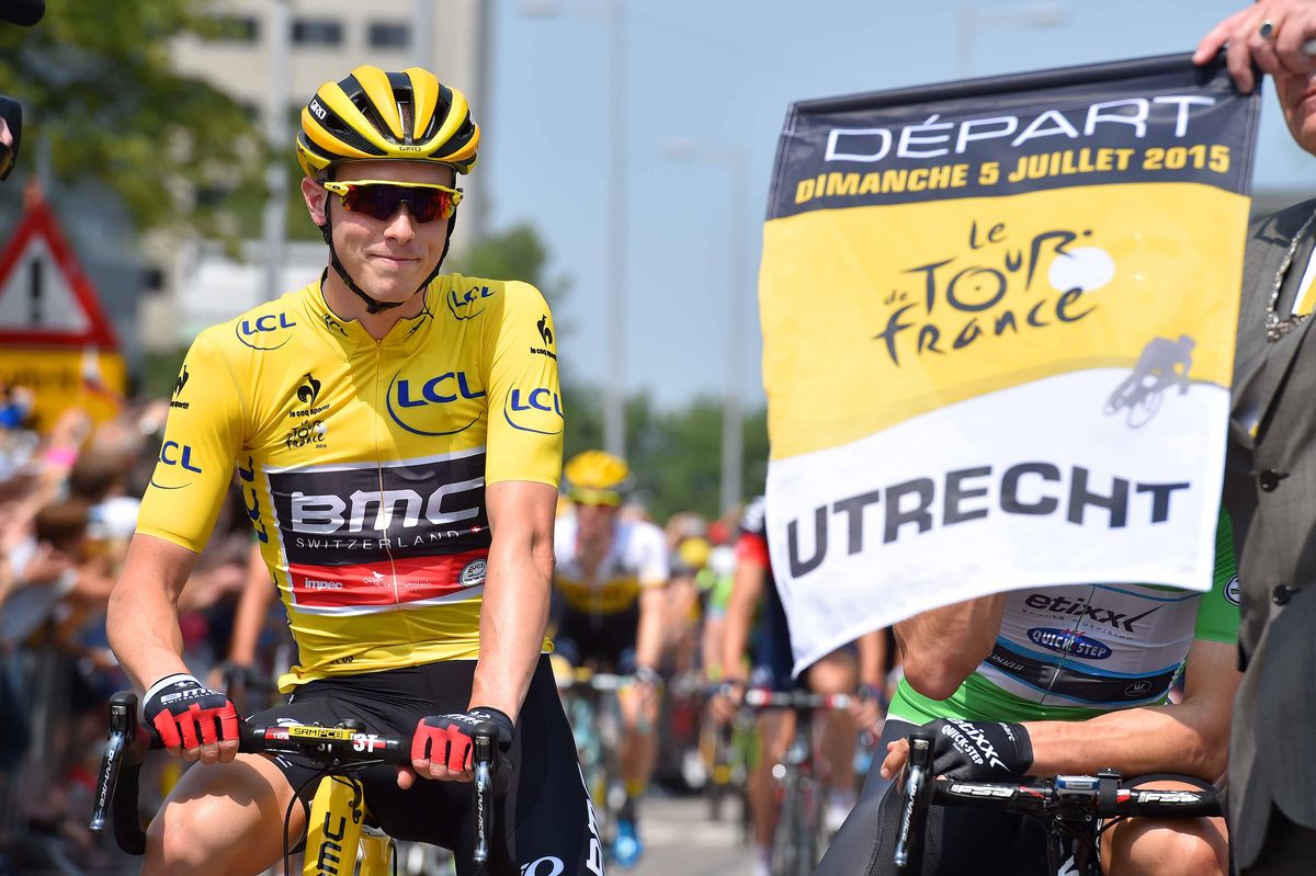 Rohan Dennis (BMC) wore the maillot jaune at the start of stage 2 of the Tour de France