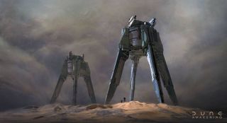 Dune Awakening concept art; mining machines on a desert planet