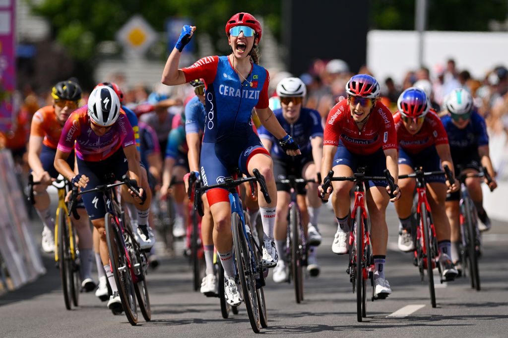 SCHMOLLN GERMANY JUNE 27 Martina Fidanza of Italy and Team CeratizitWNT Pro Cycling celebrates at finish line as stage winner during the 36th Internationale LOTTO Thringen Ladies Tour 2024 Stage 3 a 1446km stage from Erfurt to Erfurt on June 27 2024 in Schmolln Germany Photo by Luc ClaessenGetty Images