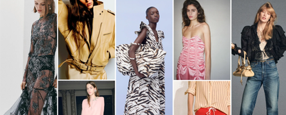 isabel marant funnel neck jacket, valentino pink dress, ganni zebra dress, khaite pink dress, staud red shorts, chloe black jacket and jeans