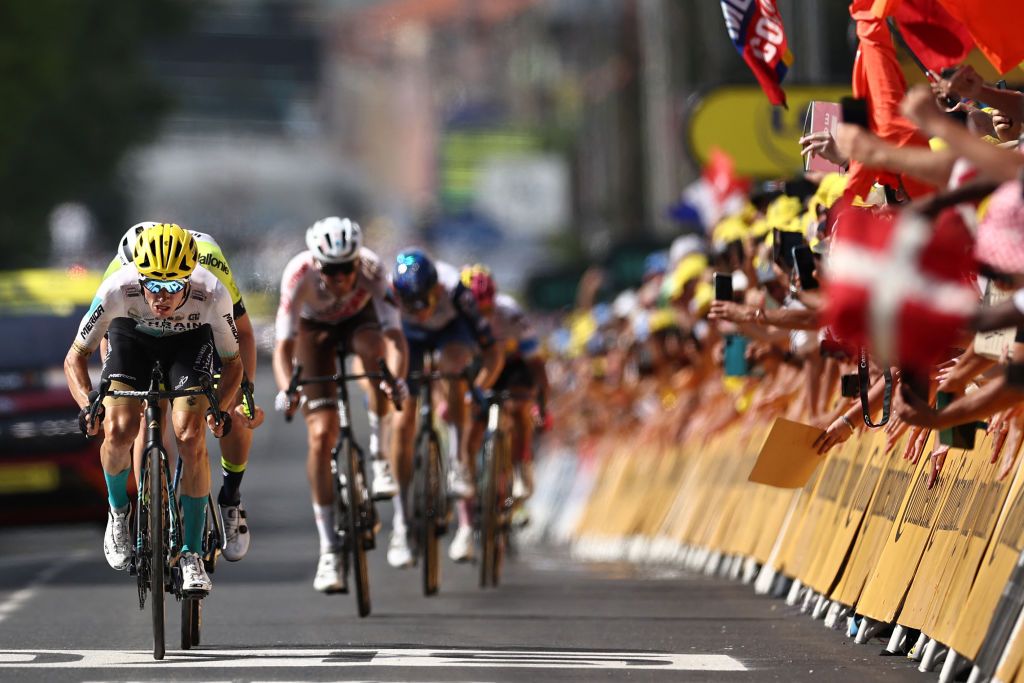 Bahrain Victorious Spanish rider Pello Bilbao cycles to the finish line to win the 10th stage of the 110th edition of the Tour de France cycling race 1675 km between Vulcania and Issoire in the Massif Central highlands in central France on July 11 2023 Photo by AnneChristine POUJOULAT AFP Photo by ANNECHRISTINE POUJOULATAFP via Getty Images