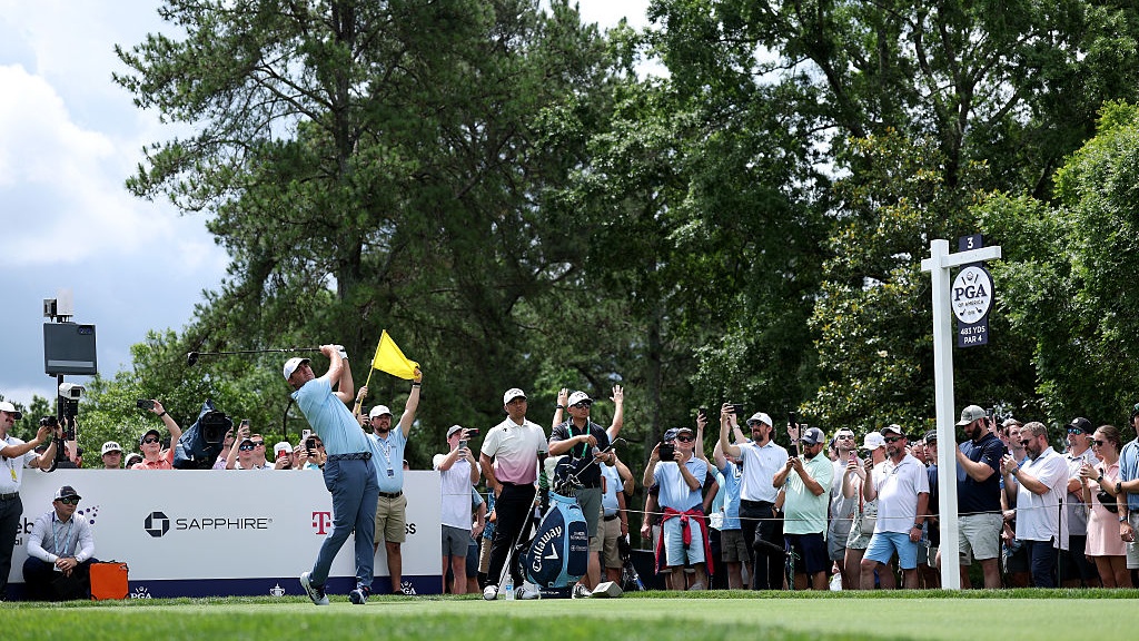 Scottie Scheffler of the United States plays his shot from the third tee prior to the PGA Championship at Quail Hollow Country Club on May 13, 2025 in Charlotte, North Carolina.
