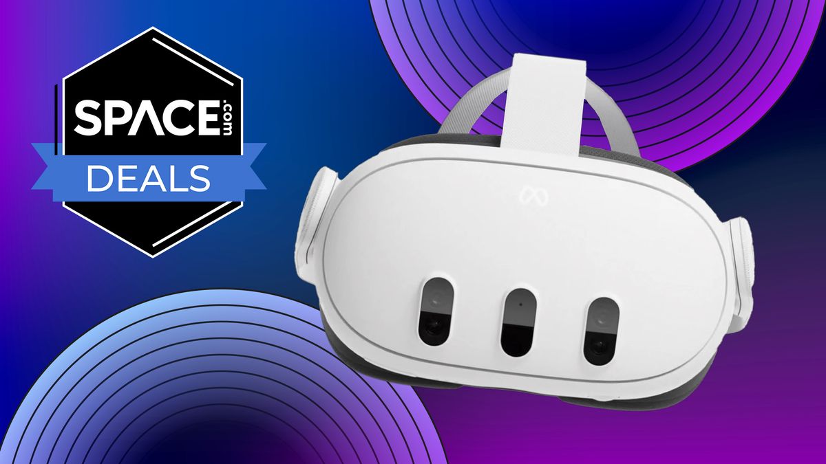 Meta Quest 3 headset on a purple background with a &#039;Space.com Deals&#039; badge.