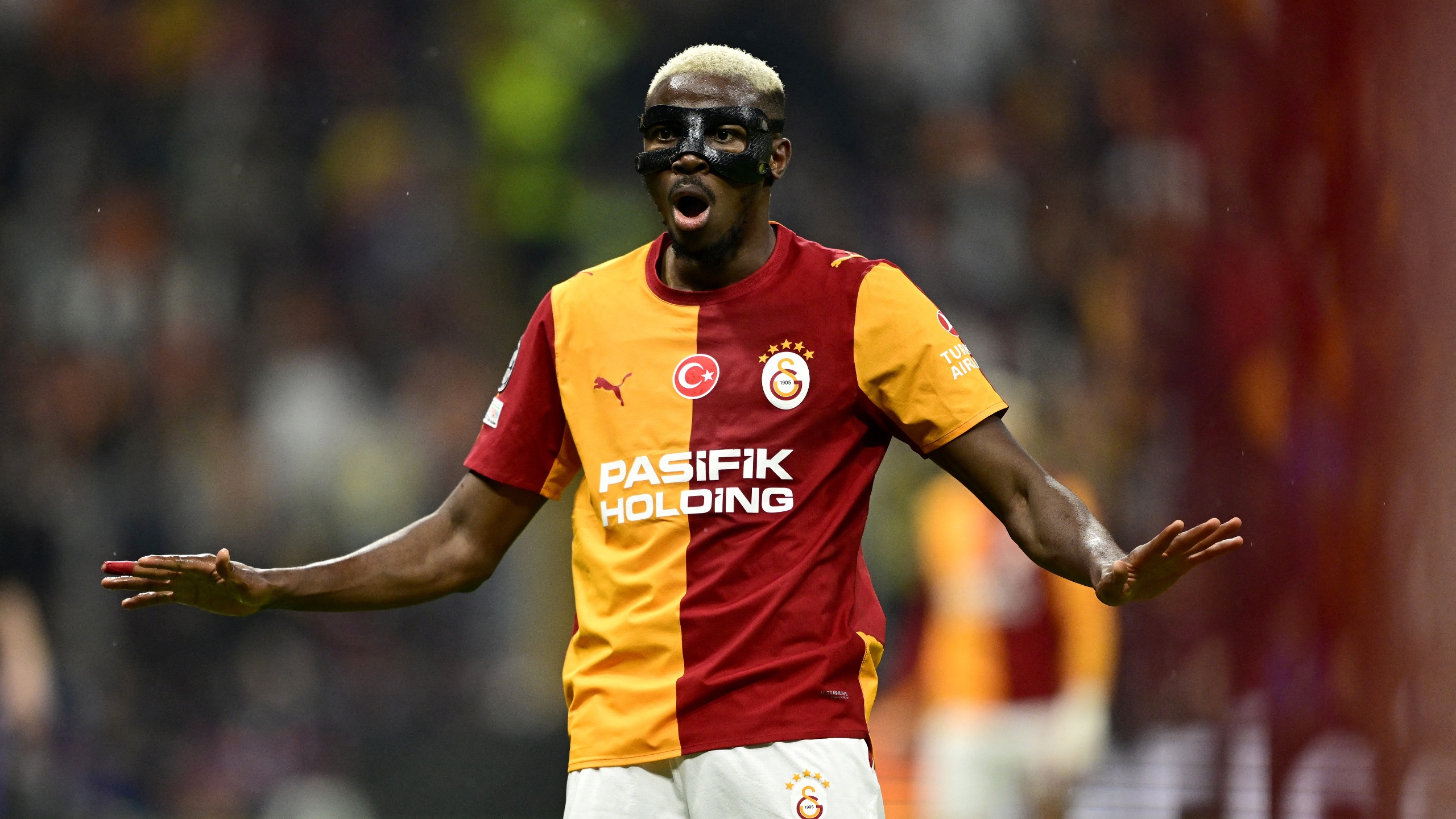 Galatasaray's Nigerian forward #45 Victor Osimhen reacts during the UEFA Champions League, league phase matchday 2, football match between Galatasaray and Barcelona