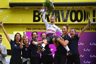 PAU FRANCE JULY 30 Cedrine Kerbaol of France and Team CERATIZITWNT Pro Cycling celebrates at podium as White best young jersey winner during the 2nd Tour de France Femmes 2023 Stage 8 a 226km individual time trial stage from Pau to Pau UCIWWT on July 30 2023 in Pau France Photo by Tim de WaeleGetty Images