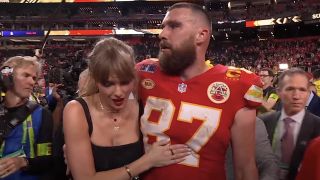 Taylor Swift hugging boyfriend Travis Kelce after he won the Super Bowl with the Kansas City Chiefs in 2024