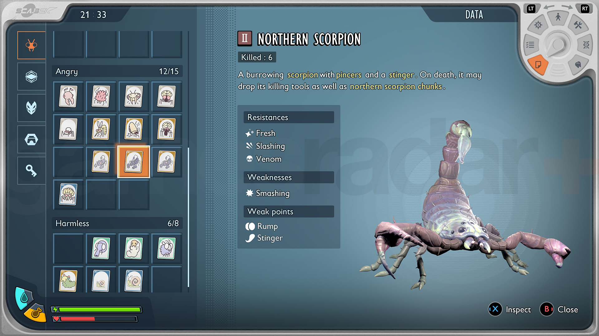 In-game data entry for the Grounded 2 Northern Scorpion