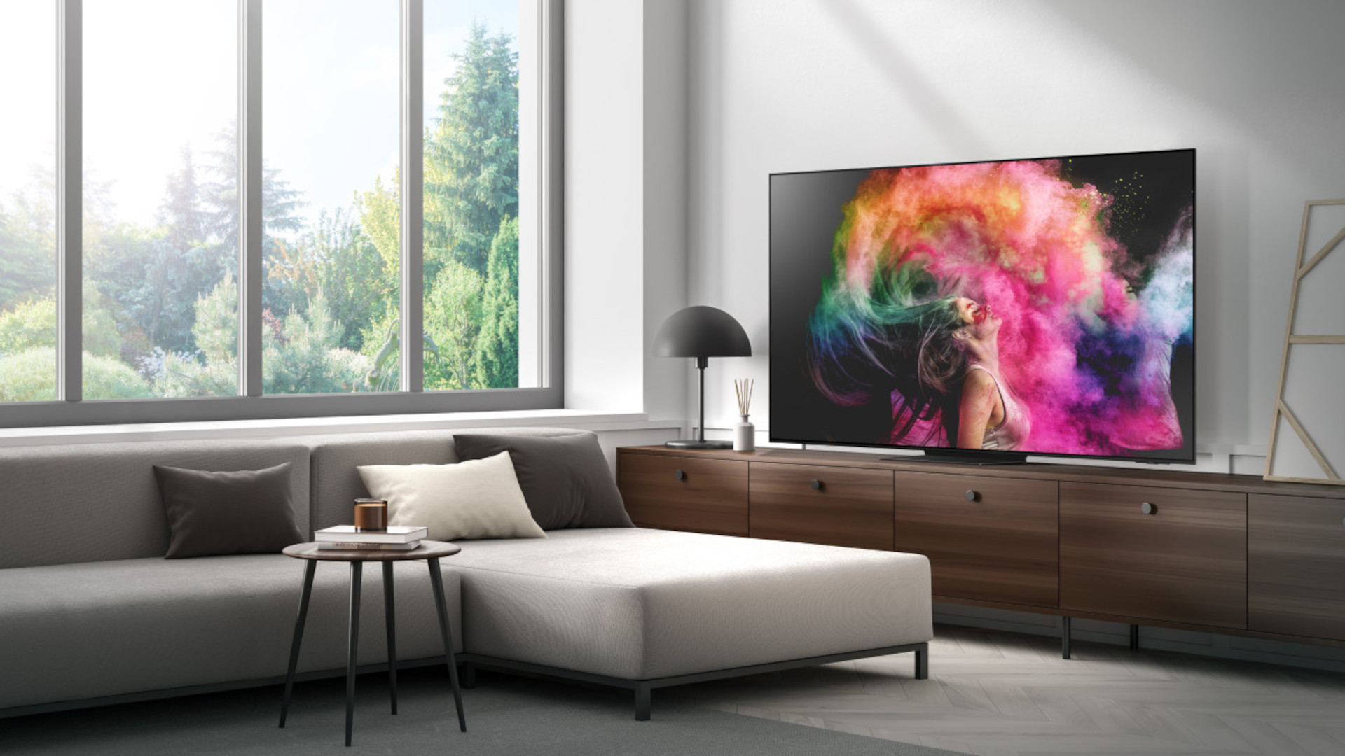 Samsung S95C OLED TV on stand in living room