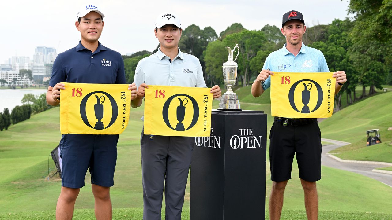 David Puig (R), Wang Jeung-hun (C) and Denwit David Boriboonsub (L) pose after sealing their spots at the 152nd Open Championship via a top-three finish at the Malaysian Open