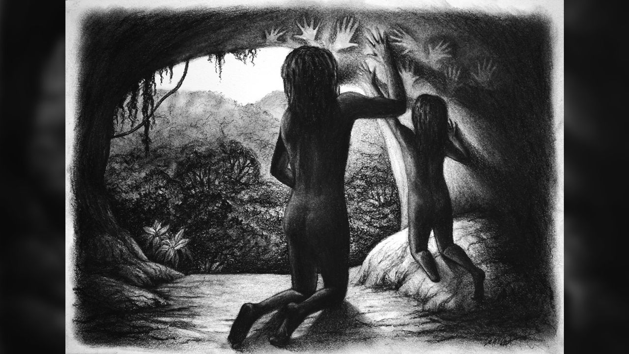 Artist&rsquo;s conception Vera Planert. Showing a mother and child (with left foot amputated) making handprints on the cave ceiling.