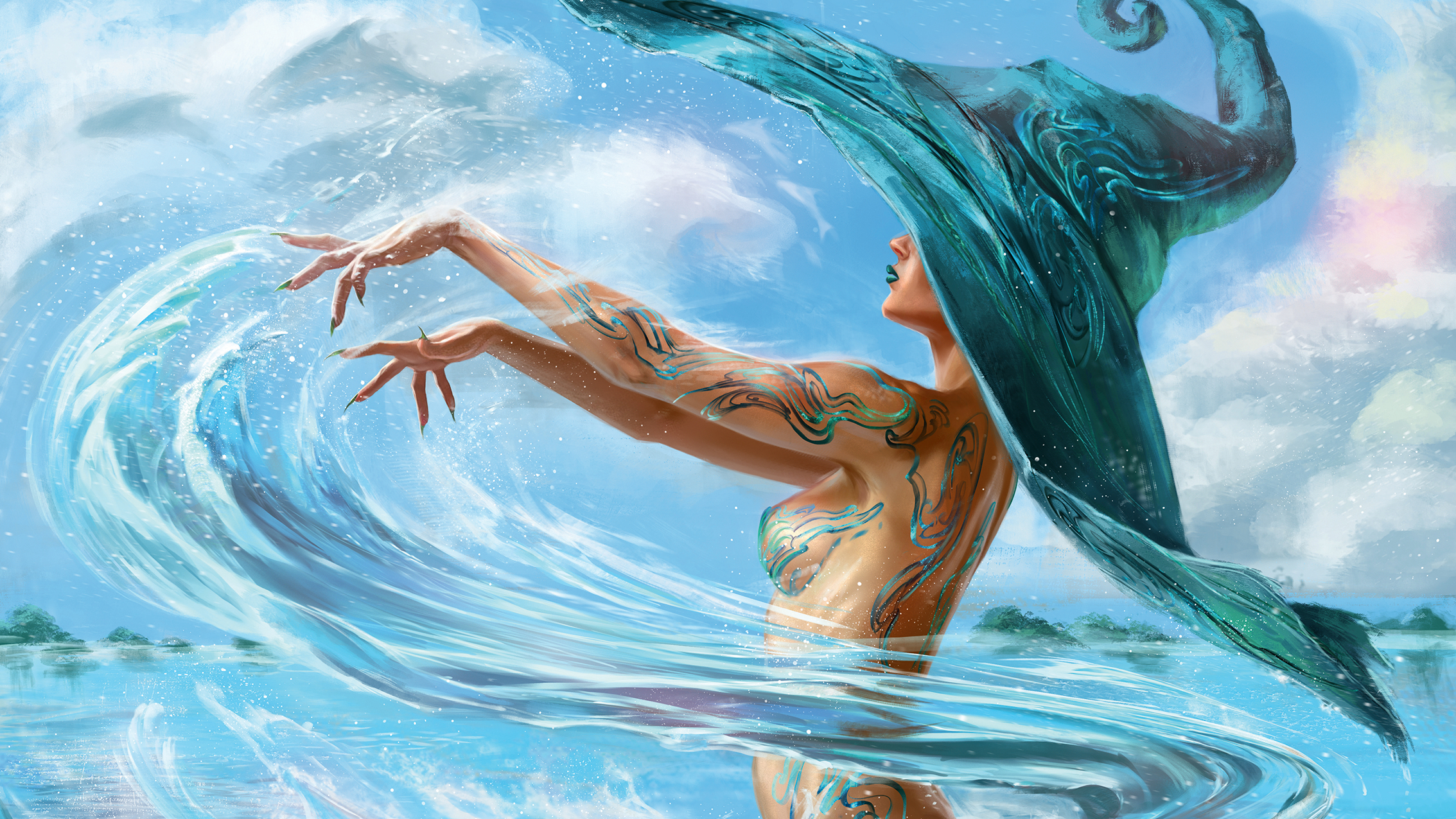 Artist portrait; an ocean witch with a big blue hat draws up a wave