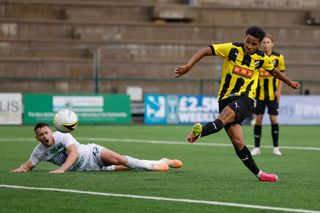 Momodou Sonko of BK Hacken scores a goal to make it 0-2 during the UEFA Champions League First Qualifying Round 2nd leg match between The New Saints and BK Hacken at Park Hall Stadium on July 18, 2023 in Oswestry, England.